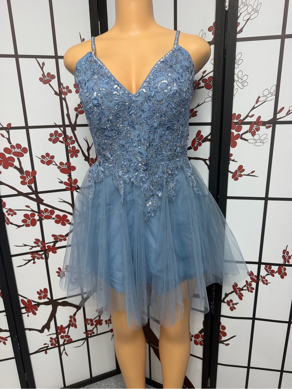 Dusty Blue Embellished Spaghetti Strap Mini Dress